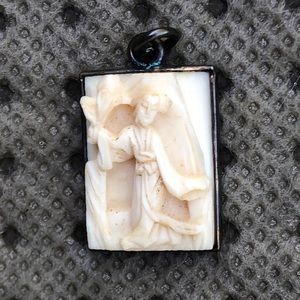 Tiny faux deeply carved bone of geisha lady pendant….in box